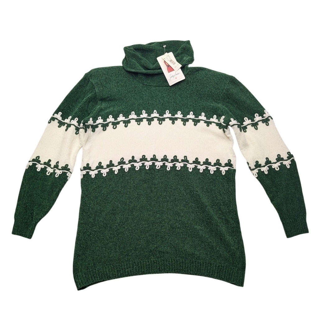 NWT VTG Jaclyn Smith Sweater Womens L Green Embroidered Turtleneck Knit 9364